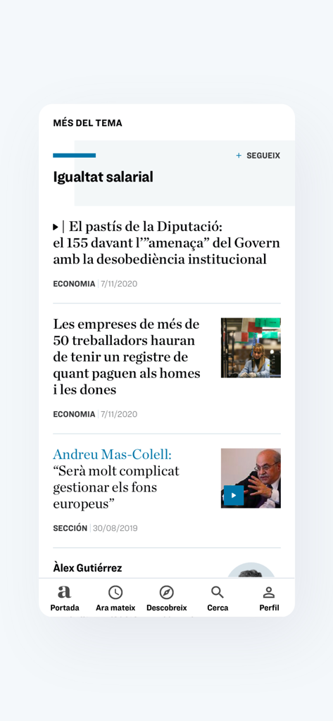 Diari ARA - Diari ARA mobile app screen showing a list of news articles on various topics in Catalan.