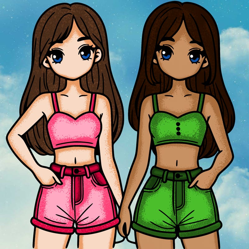 two sisters with crop tops and jean shorts and straight hair