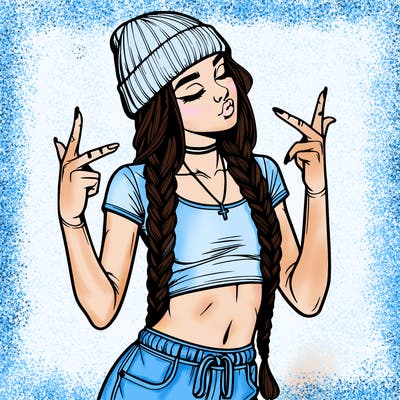realistic teenage girl with braids and a beanie and crop top doing 🫶🏼