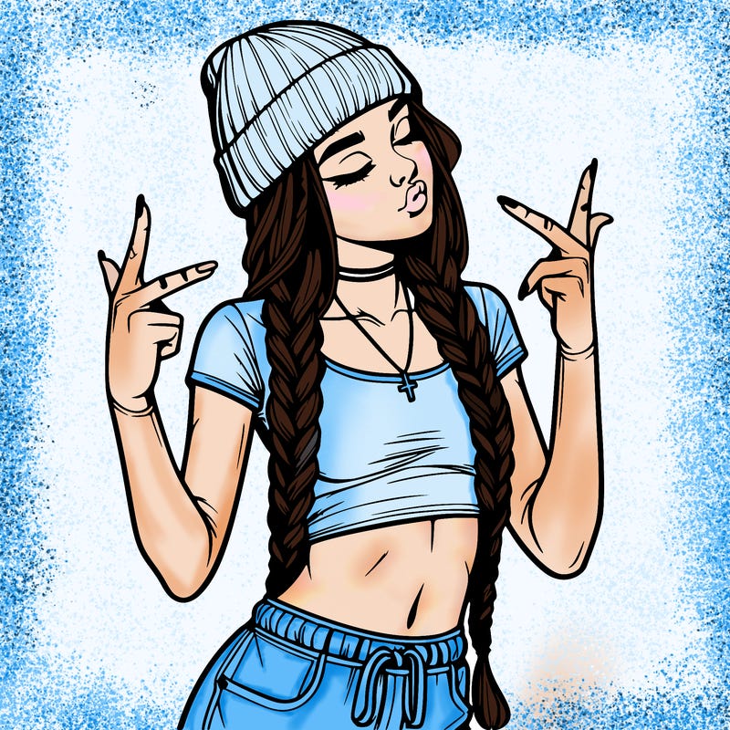 realistic teenage girl with braids and a beanie and crop top doing 🫶🏼