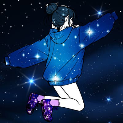 realistic girl jumping with a bun and oversized sweatshirt