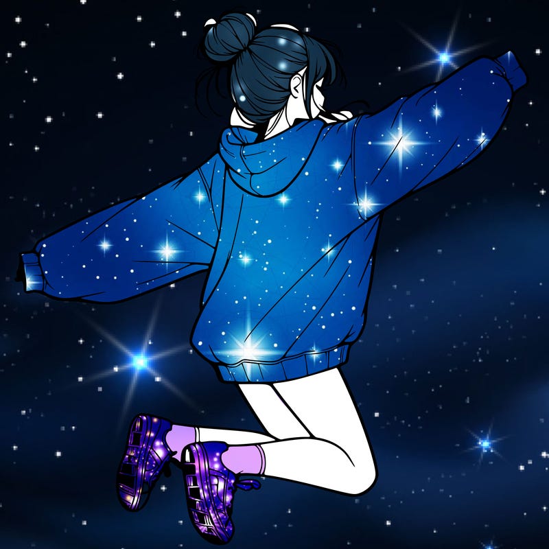 realistic girl jumping with a bun and oversized sweatshirt
