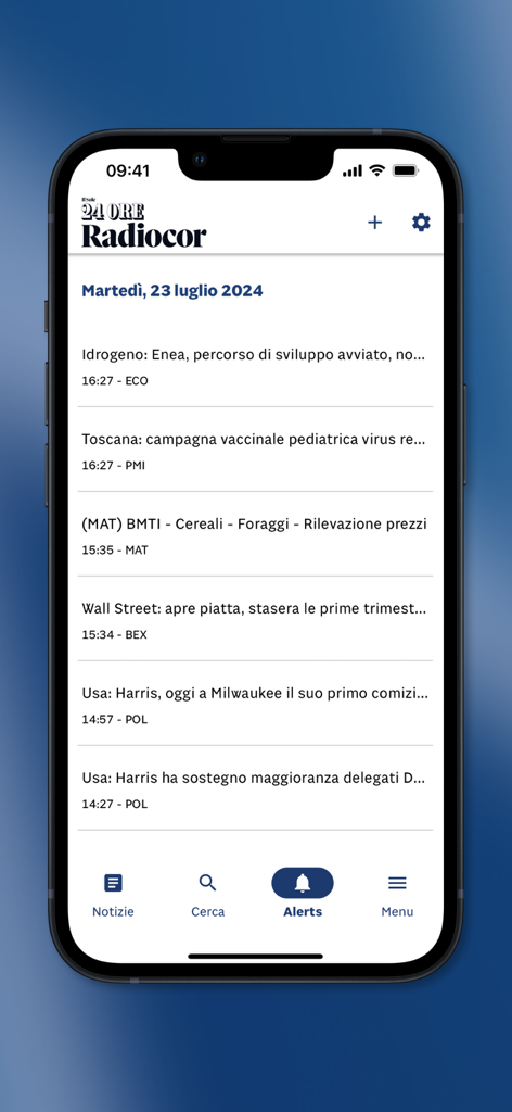 24 Ore Radiocor - Mobile interface of the 24 Ore Radiocor app displaying a chronological feed of financial and political news headlines