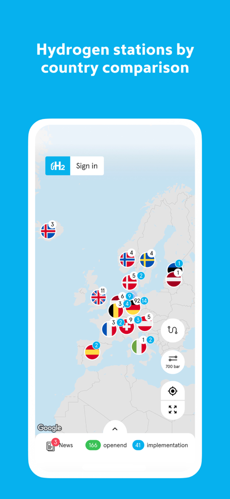 H2.LIVE - Eine Karte von Europa in der H2.LIVE App, die einen Vergleich der Standorte und Verfügbarkeit von Wasserstofftankstellen nach Ländern anzeigt.