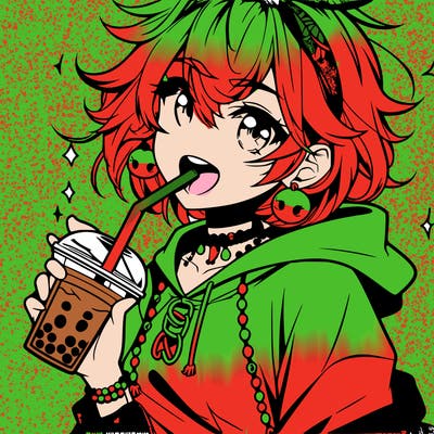hot baddie anime girl drinking boba and biting the straw