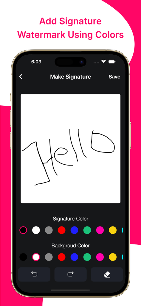 Add Watermark : Photo & Video - Mobile app interface for drawing a custom signature watermark with color selection tools.