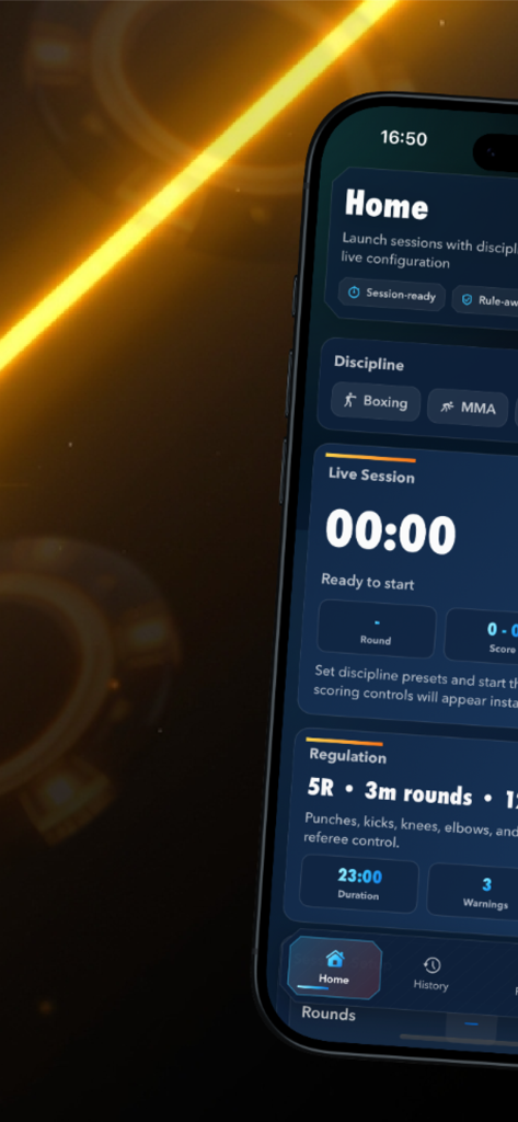 Home screen of the How to K.O. app showing session setup options for boxing and MMA with a live timer