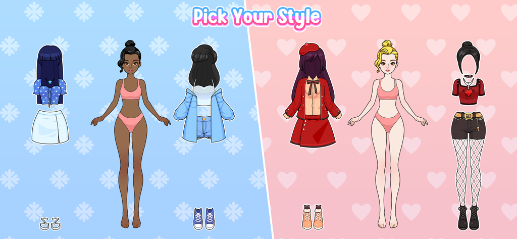 Dos muñecas de papel con diferentes tonos de piel y opciones de moda sobre fondos de copos de nieve y corazones