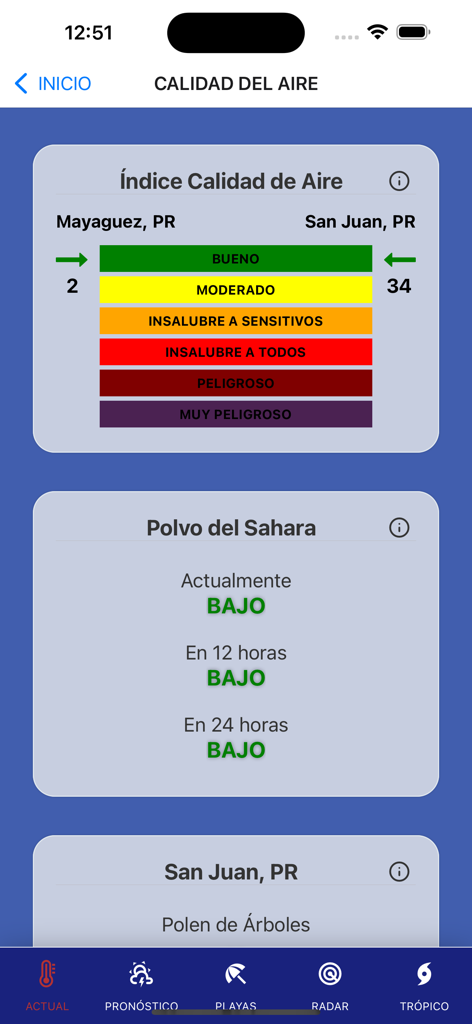 NextWeather app screen displaying air quality index and Sahara dust monitoring for Puerto Rico