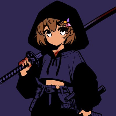 anime girl in a hoodie in a crop top and shorts with eyes holding a sword in a cool pose with no one else, just by herself