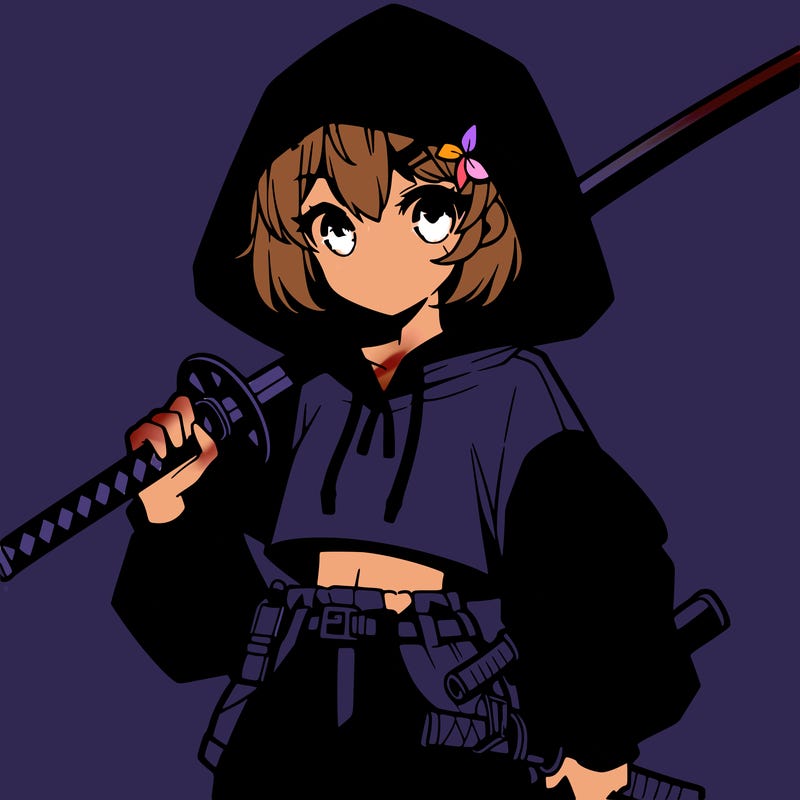 anime girl in a hoodie in a crop top and shorts with eyes holding a sword in a cool pose with no one else, just by herself