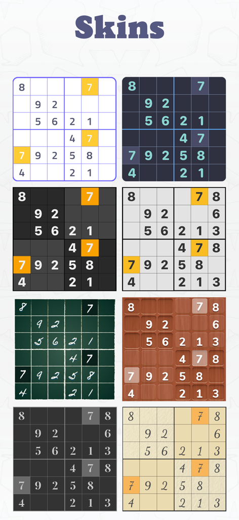 Sudoku Multiplayer Challenge - Una variedad de temas visuales y aspectos del tablero de Sudoku, incluyendo modo oscuro y texturas de madera