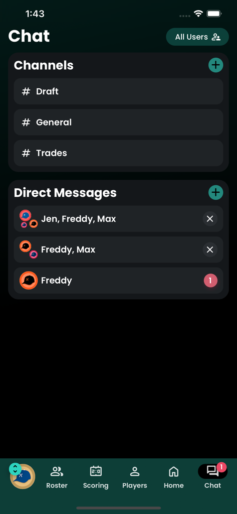 Fantrax Fantasy Sports - Fantrax app chat screen showing league channels for draft and trades plus direct messaging for fantasy sports strategy.