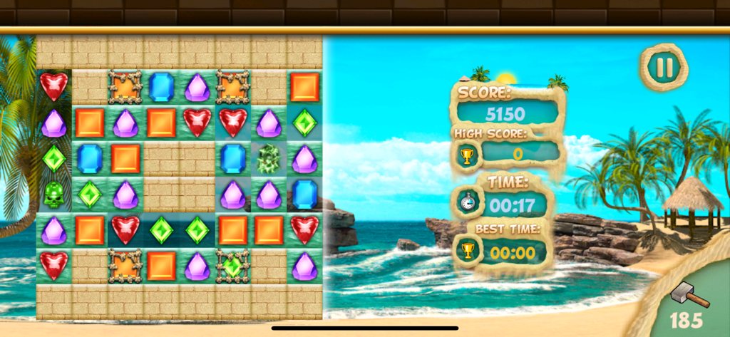 Jewel World PRO Skull Edition - Jugabilidad de rompecabezas Match-3 Jewel World PRO Edición Calavera con fondo de playa tropical