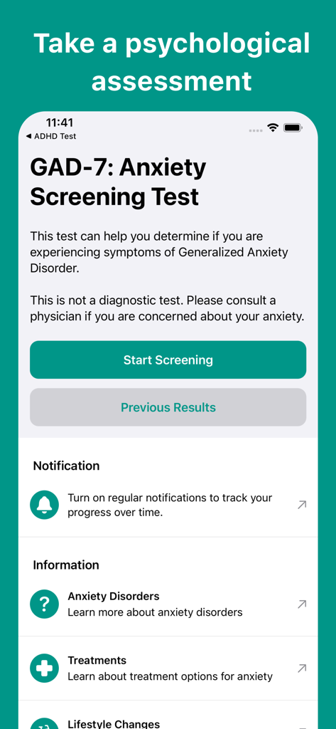 Main screen of the Anxiety Test app featuring the GAD-7 clinical screening test and resources.