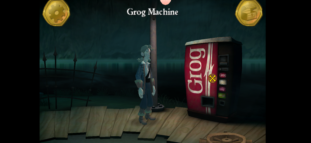 Guybrush Threepwood de pie junto a una máquina expendedora de grog en un entorno oscuro