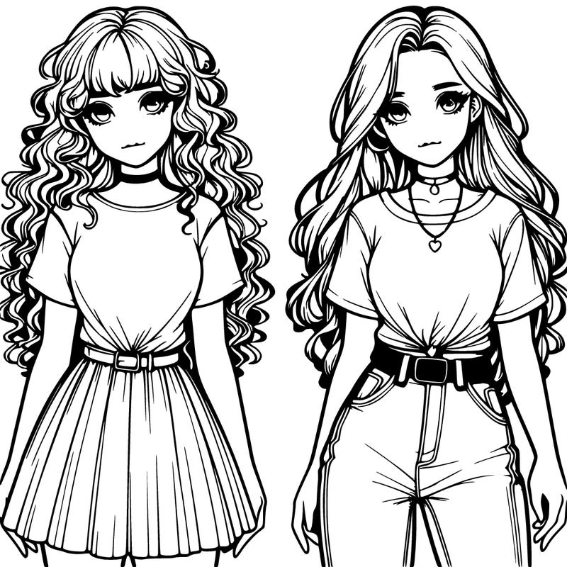 two realistic girls one in a t-shirt and a skirt one in t-shirtand jeans both with long curly hair