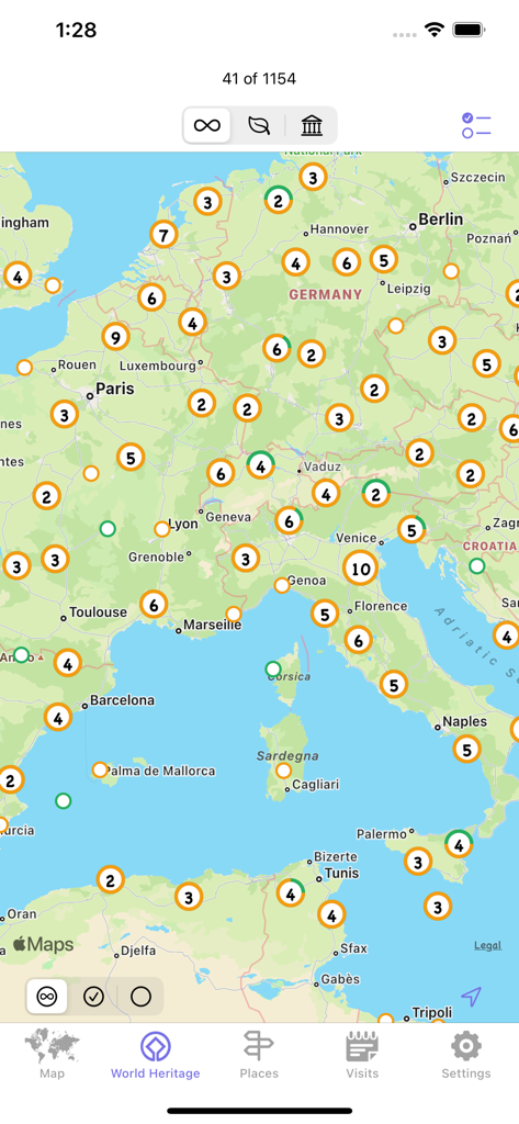Mark O Travel app screen showing a map of Europe with World Heritage site markers and counts