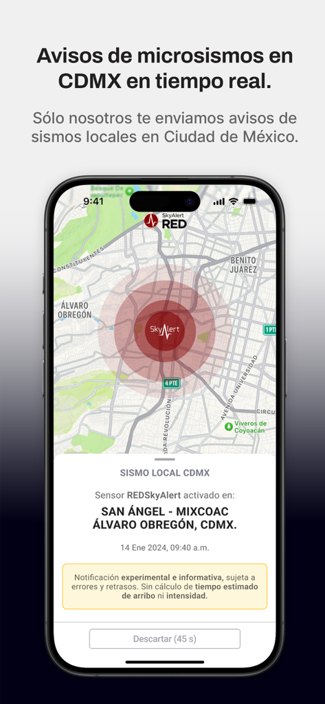 SkyAlert app displaying a real-time seismic alert and epicenter location on a map of Mexico City