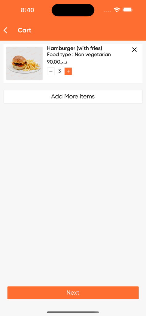 Ein Screenshot des Iladary-App-Warenkorbs, der eine Hamburger- und Pommes-Bestellung mit der Option zum Hinzufügen weiterer Artikel oder zum Fortfahren zur Kasse zeigt.