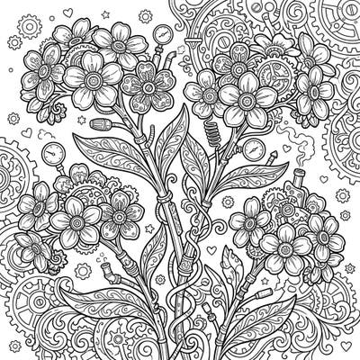 Discover the enchanting blend of nature and machinery with this Steampunk Forget-Me-Nots coloring page. Delicate blossoms are reimagined with intricate gears and Victorian charm, offering a truly unique artistic experience.