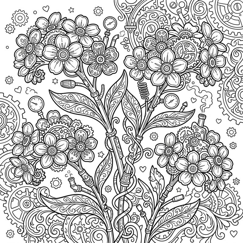Discover the enchanting blend of nature and machinery with this Steampunk Forget-Me-Nots coloring page. Delicate blossoms are reimagined with intricate gears and Victorian charm, offering a truly unique artistic experience.