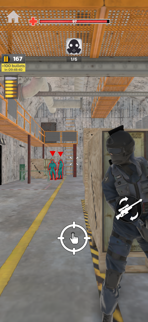 SWAT Tactical Shooter - A SWAT officer in tactical gear takes cover behind a wooden crate in a warehouse while aiming at highlighted enemies.
