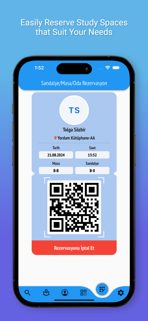 Cep Kütüphanem - Bildschirm der mobilen App mit einer Reservierung für einen Bibliothekslernraum und einem QR-Code für den Check-in.