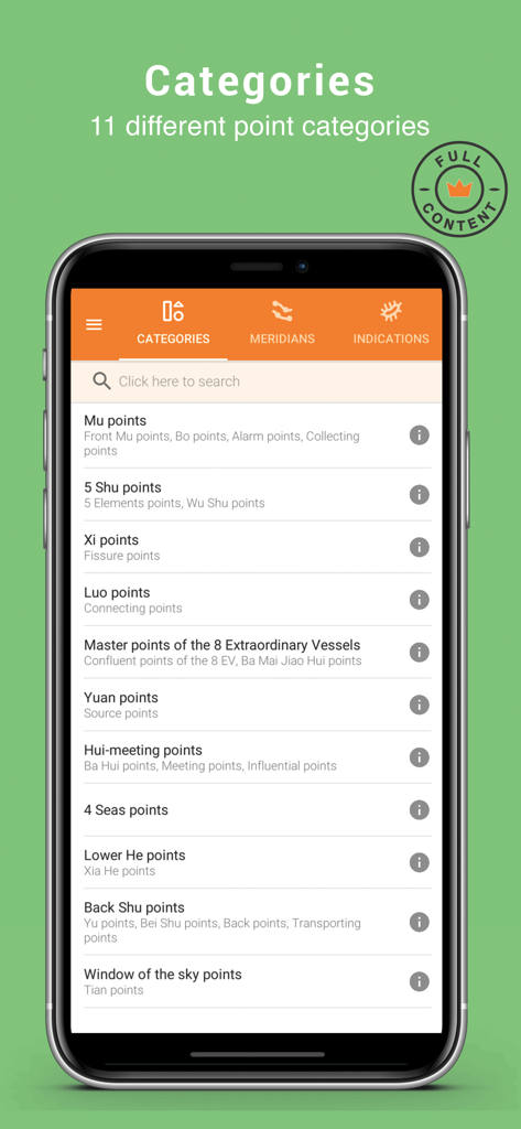 Tsubook - Tsubook mobile app interface displaying a list of eleven acupuncture point categories including Mu and Shu points.
