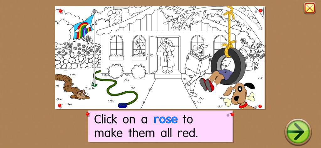 Cena de colorir em preto e branco no aplicativo Starfall Aprenda a Ler com um prompt para clicar em uma rosa.