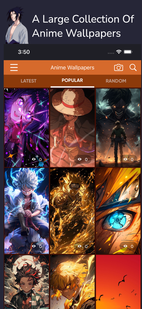 Anime Wallpaper 4k  - Otaku - Mobile app interface displaying a grid of popular anime wallpapers including characters from One Piece Naruto and Attack on Titan