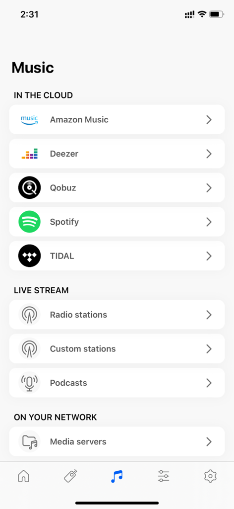 KEF Connect - KEF Connect app music menu showing streaming services and radio stations