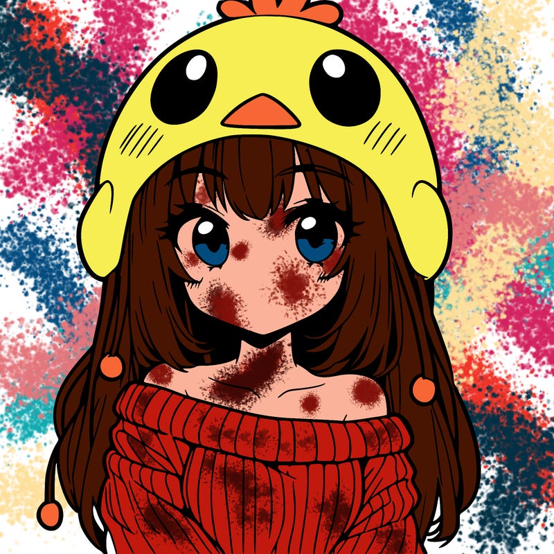 anime girl with chick shaped hat with sweater with bare shoulders with bangs covering them one eye with low tail