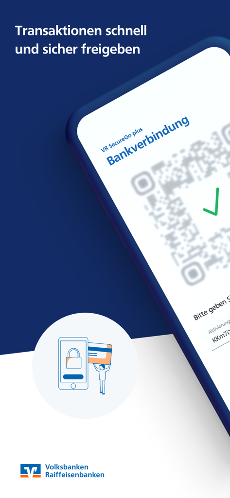 VR SecureGo plus app showing a bank connection screen with a QR code and green checkmark