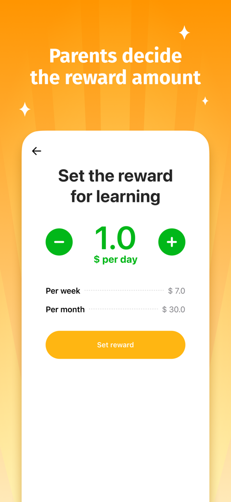 Eine mobile App-Oberfläche, die einen Bildschirm für Eltern zeigt, auf dem sie eine tägliche monetäre Belohnung für die Englischlernaufgaben ihres Kindes festlegen können.