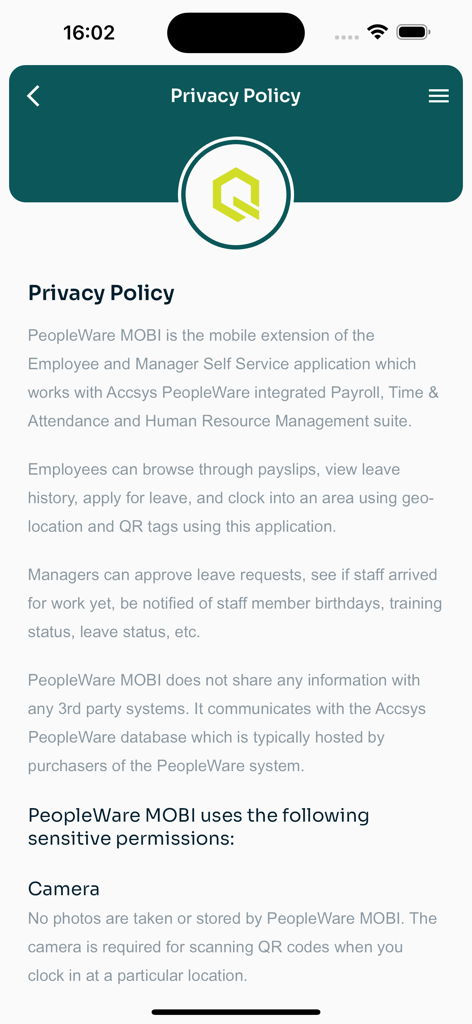 PeopleWare MOBI - Privacy Policy screen of the PeopleWare MOBI app detailing user permissions and data handling