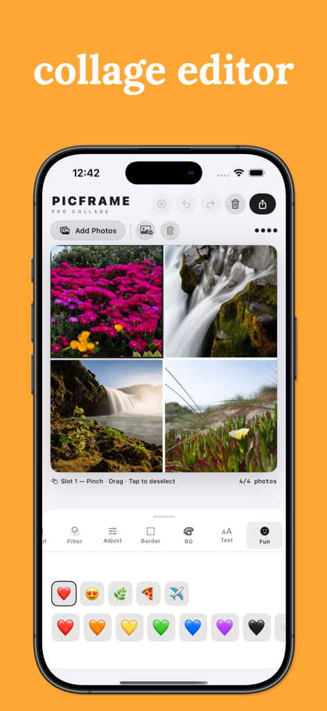 Photo Collage Maker – Picframe - Interface of the Picframe app showing a four photo nature collage and emoji sticker editing tools