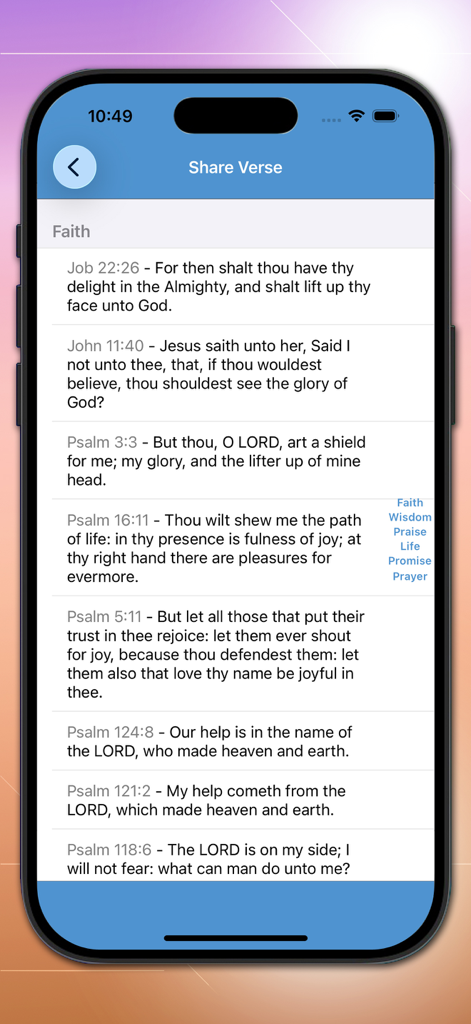 Bible-Simple Bible - iPhone screen showing a list of Bible verses categorized under 'Faith' within the Simple Bible app.