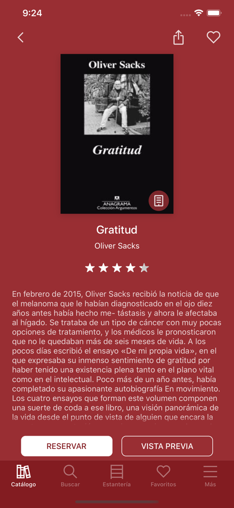 BNP Biblioteca Pública Digital - Página de detalles del libro Gratitud de Oliver Sacks en la aplicación de la biblioteca digital BNP.