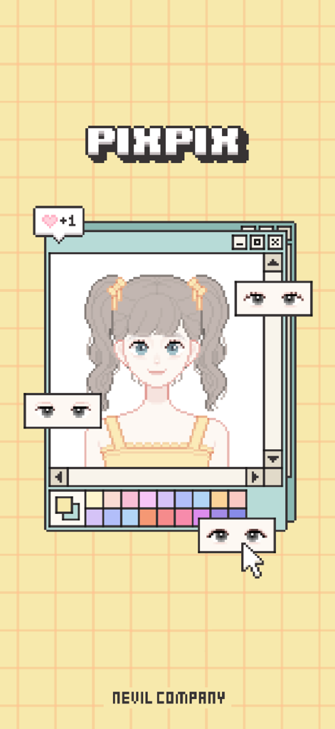 PIXPIX: Make my Avatar - PIXPIX app interface showing a customizable pixel art girl avatar with pigtails and a color palette.