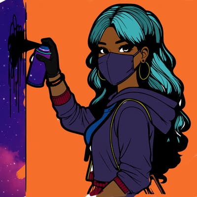 realistic girl with mask spray painting a wall