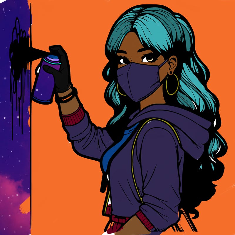 realistic girl with mask spray painting a wall