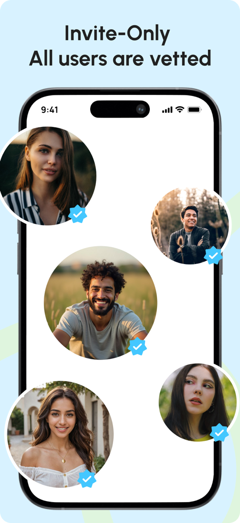 Olive: Dating, Friends, Events - Smartphone screen showing verified user profiles on the Olive invite-only community app