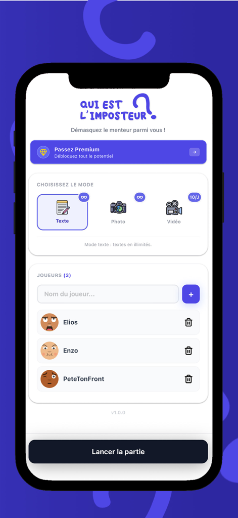 Qui est l’imposteur ? - Écran principal de configuration de l'application Qui est l'imposteur montrant les modes de jeu et la liste des joueurs