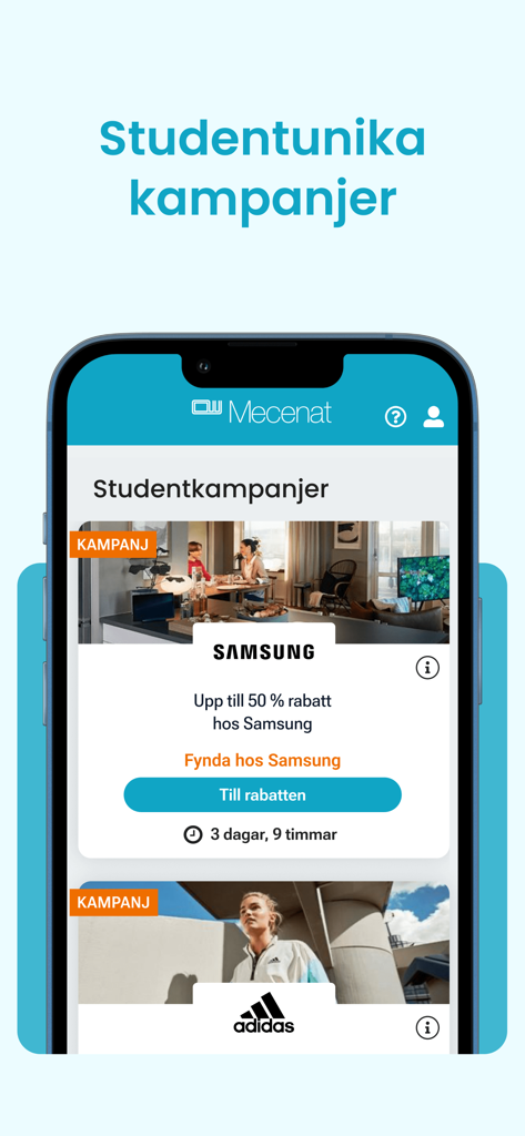 Mecenat app displaying student exclusive discount campaigns for Samsung and Adidas.