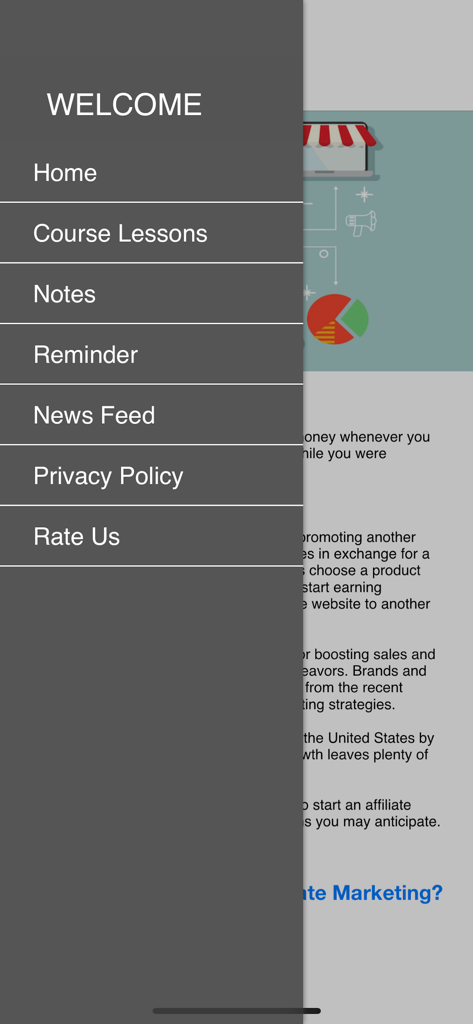 Menu de navegação lateral do aplicativo Curso de Marketing de Afiliados mostrando lições e ferramentas do usuário