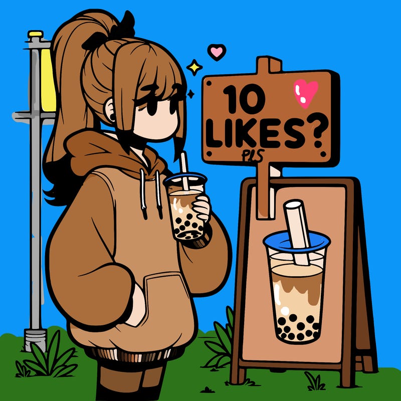 girl with oversized hoodie drinking boba and she has a high ponytail with a sign that says 10likes?