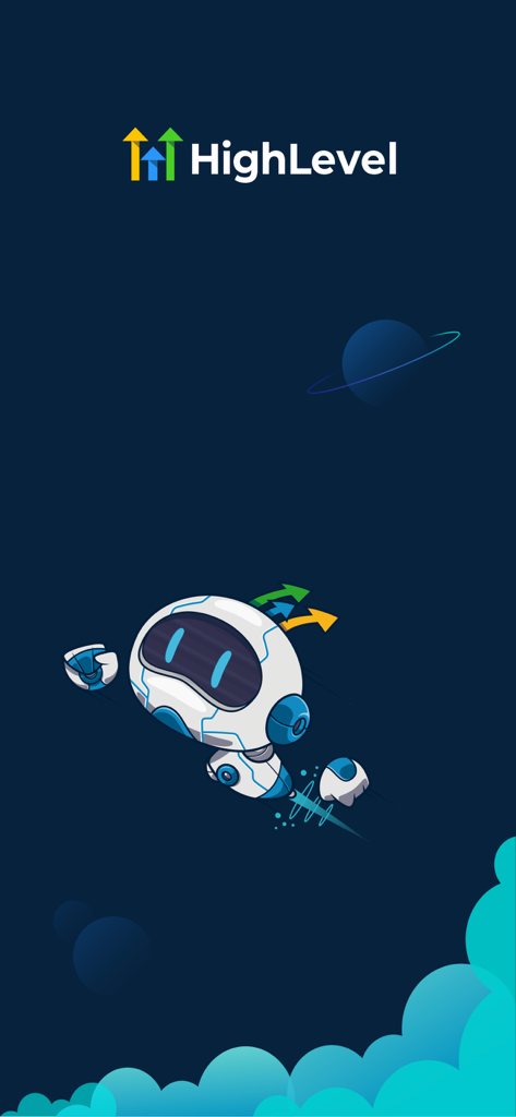 HighLevel mobile app splash screen with brand logo and flying robot mascot.