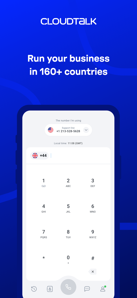 CloudTalk Go app interface showing an international dialer for business calls across 160 countries.