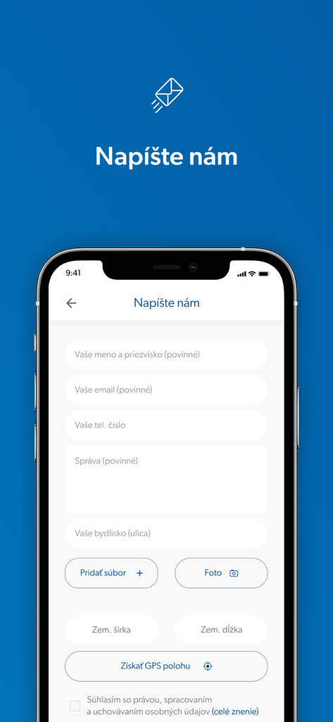 Contact form in the Bernolakovo app for reporting issues and sending messages to the municipality